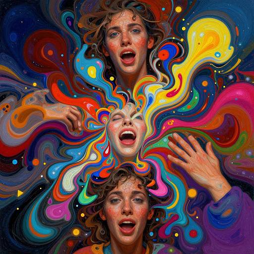 Digital painting of three overlapping faces with curly brown hair, open mouths, surrounded by vibrant, swirling abstract colors and patterns.
