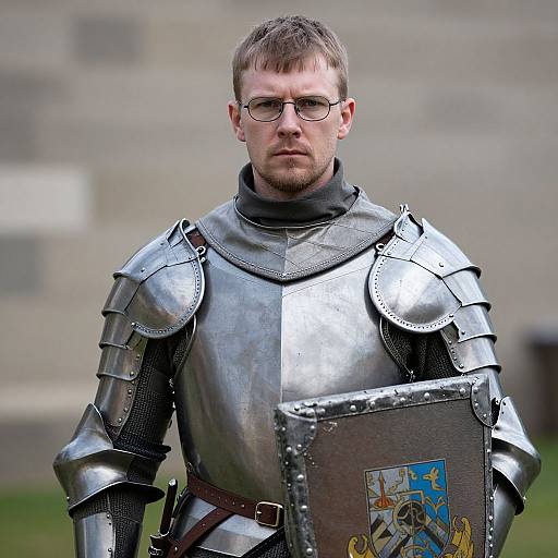 Photograph of a serious, short-haired, bespectacled Caucasian man in silver medieval armor, holding a shield with a colorful coat of arms,
