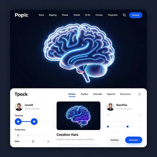 Digital screenshot of Popit app showing a glowing blue neon brain illustration, with user profile and 