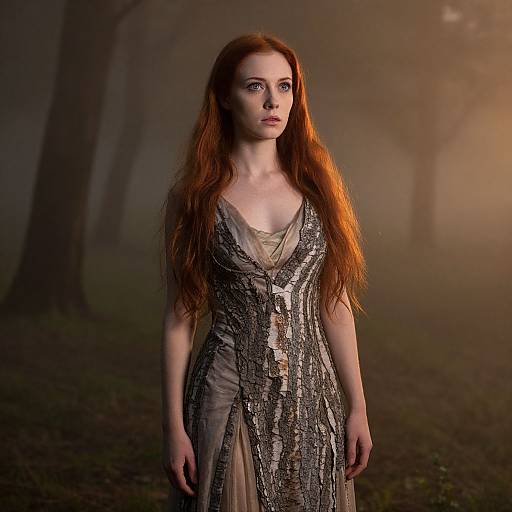 Photograph of a pale-skinned, red-haired woman with long hair, wearing a silver-sequined, V-neck dress, standing in a mist