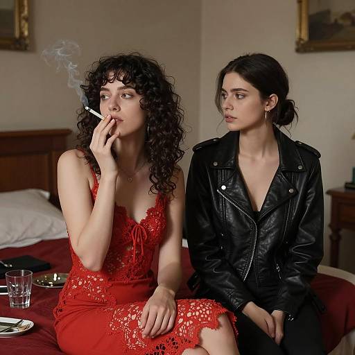 Two Women in a Dimly Lit Room