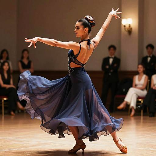 Photograph of a graceful ballroom dancer in a flowing, navy blue dress, performing a poised, elegant pose on a wooden stage.