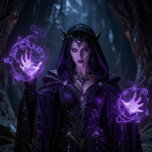 Digital artwork of a dark, elf-like woman with glowing purple magic circles, black hooded robe, and horned headpiece in a mystical forest.