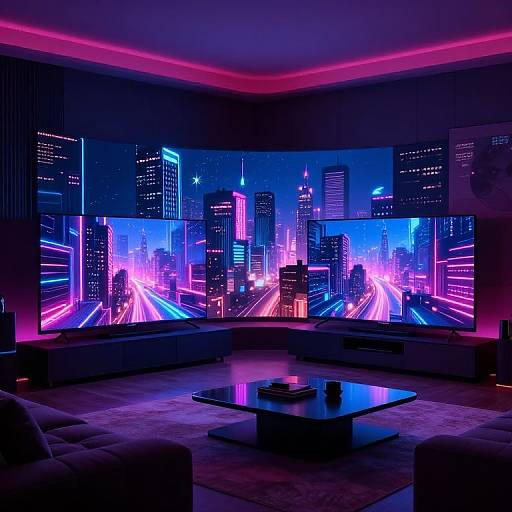 Neon-lit modern living room with a large LED screen displaying a vibrant cityscape at night, featuring glowing skyscrapers and colorful street lights.