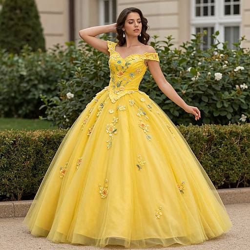 Photograph of a young woman in a vibrant yellow, off-the-shoulder, floral-embellished ball gown, standing in a lush garden