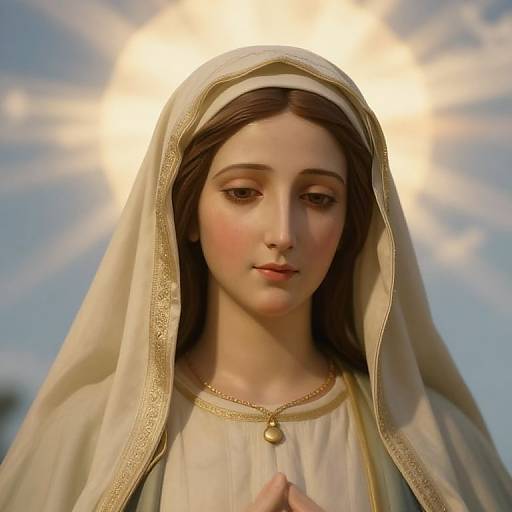 Digital painting of a serene young woman with fair skin, brown eyes, and long brown hair, wearing a white veil and gold-trimmed robe,