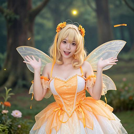 Photograph of a blonde woman in an orange fairy costume with translucent wings, flower hairpiece, and orange ribbon, smiling in a forest with glowing fire