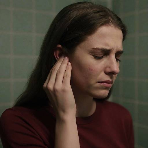 Woman in Dim Bathroom with Discomfort