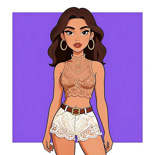 Digital illustration of a confident woman with medium skin tone, brown wavy hair, wearing a lace crop top, white lace shorts, and large hoop earrings
