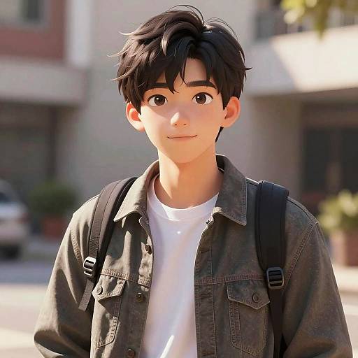 Photorealistic anime-style digital drawing of a young man with short black hair, wearing a green denim jacket, white shirt, and black backpack, standing