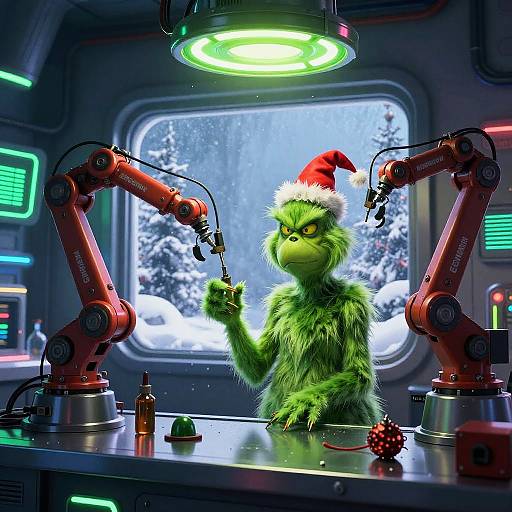 Digital artwork of a green, fuzzy, angry-looking creature with a Santa hat, using robotic arms to assemble a small ornament in a snowy, futuristic laboratory