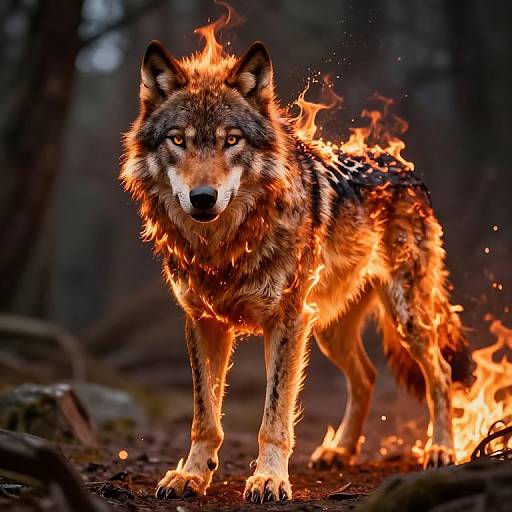 Photograph of a wolf with fiery fur, standing in a dark forest. Bright flames engulf its body, illuminating its intense, focused gaze. Dark
