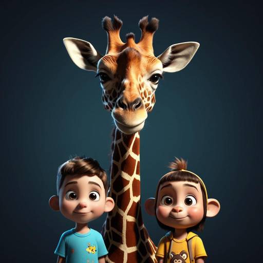 3D Cartoon Portrait of Giraffe with Children