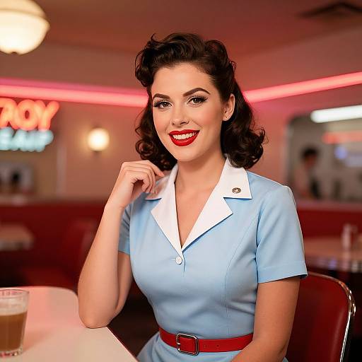 Vintage-style photograph of a smiling woman with dark, wavy hair in a blue, short-sleeved, white-collared dress, sitting in