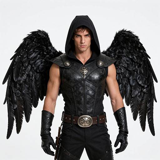 Photograph of a muscular, fair-skinned man with black feathered wings, wearing a black hooded leather vest, gloves, and pants, against