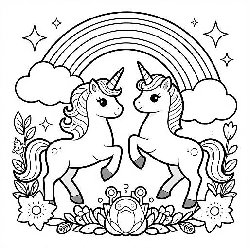 Black and white line drawing of two unicorns with curly manes, standing side by side under a rainbow with clouds, surrounded by flowers and sparkles