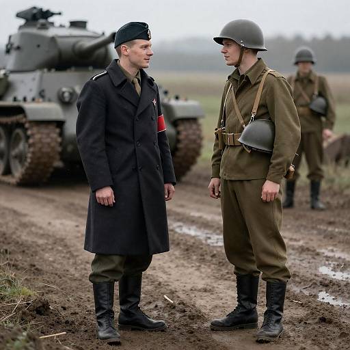 World War II Soldiers Standing by Tank