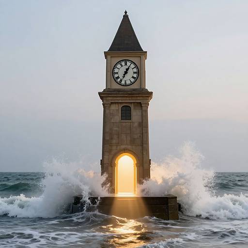 Photograph of a stormy ocean clock tower with a glowing archway, waves crashing, and a large clock face showing 10:10.