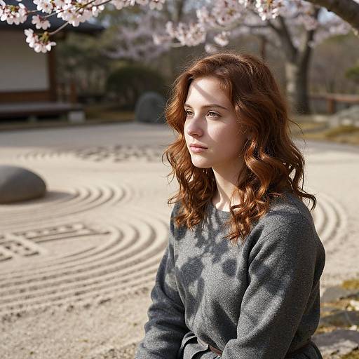 Photograph of a young woman with wavy brown hair, wearing a gray sweater, sitting in a sunlit Japanese garden with cherry blossoms, r
