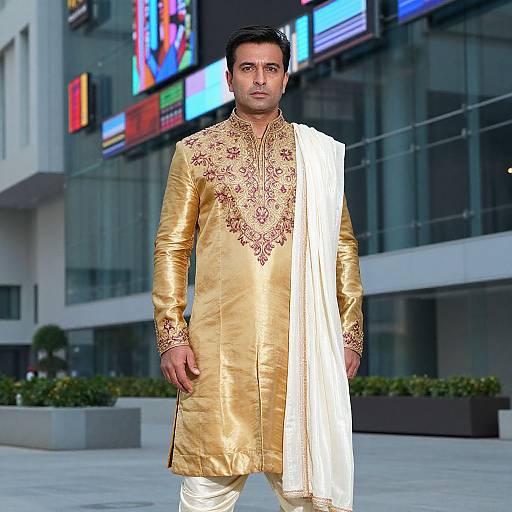 Photograph of a young South Asian man in a gold embroidered kurta and white dhoti, standing in front of a modern building with colorful digital