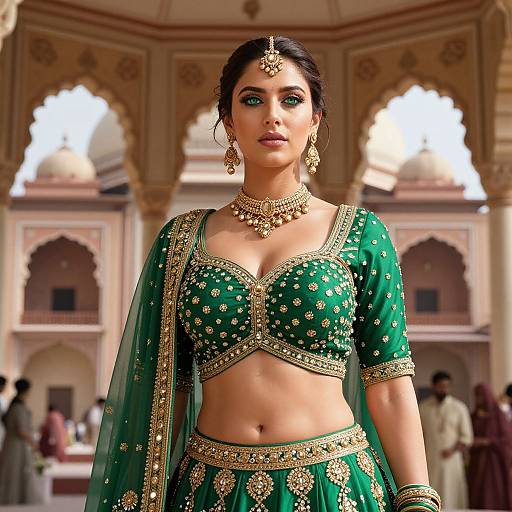 Photograph of a stunning Indian woman in a green, gold-embellished traditional outfit, standing in a grand, ornately decorated courtyard.