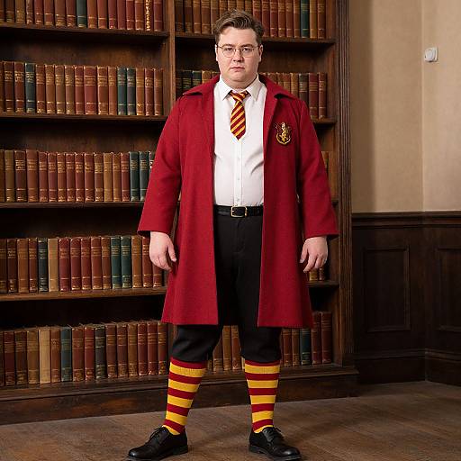 Photograph of a middle-aged man in a Hogwarts-style red coat, white shirt, striped tie, black pants, and yellow-striped socks, standing in