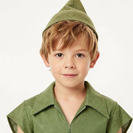 Photograph of a young boy with light brown hair, wearing a green elf hat and matching green shirt, smiling against a white background.
