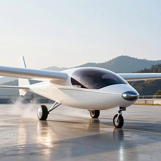 Photograph of a sleek, white, single-engine propeller airplane taxiing on a wet tarmac, with mist rising from the wheels, and distant