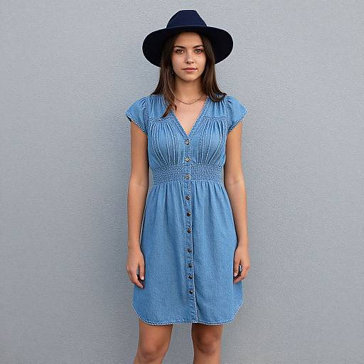 Photograph of a young woman with fair skin, wearing a blue, button-up, short-sleeve dress and a black wide-brimmed hat