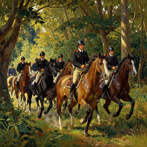 Painting of six equestrian riders in black uniforms and helmets, riding horses through a sunlit, dense forest with vibrant greenery.