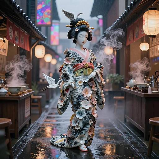 Vibrant Geisha in Neon Teahouse Alley