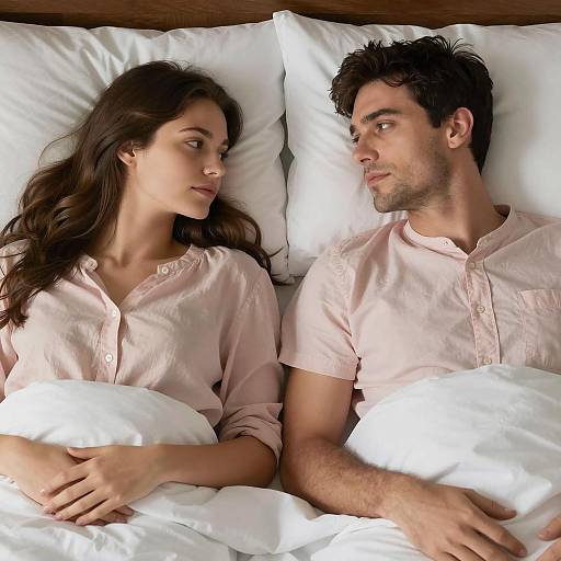 Intimate Bedroom Moment with Neutral Expressions