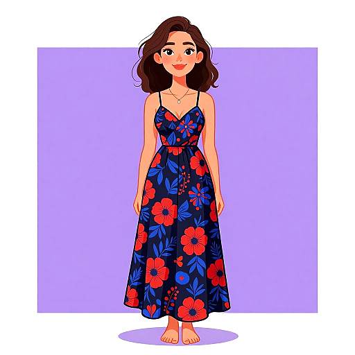 Cartoon-style digital drawing of a smiling woman with dark brown hair in a blue floral sundress with red and blue flowers, standing barefoot on a