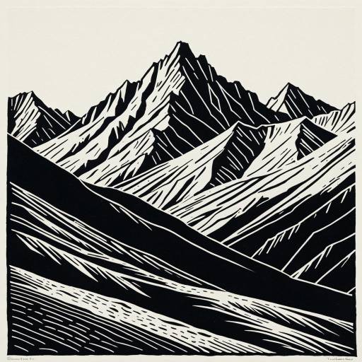 Modernist Black and White Mountain Linocut