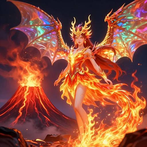 Digital anime-style artwork of a fiery, winged demoness with glowing red hair, golden crown, and fiery dress, standing before a erupting volcano