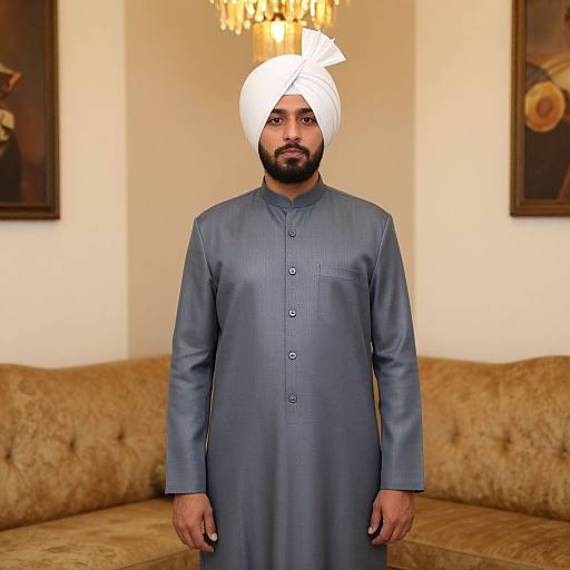Photograph of a bearded South Asian man with medium build, wearing a white turban and gray traditional kurta, standing in an elegant living room