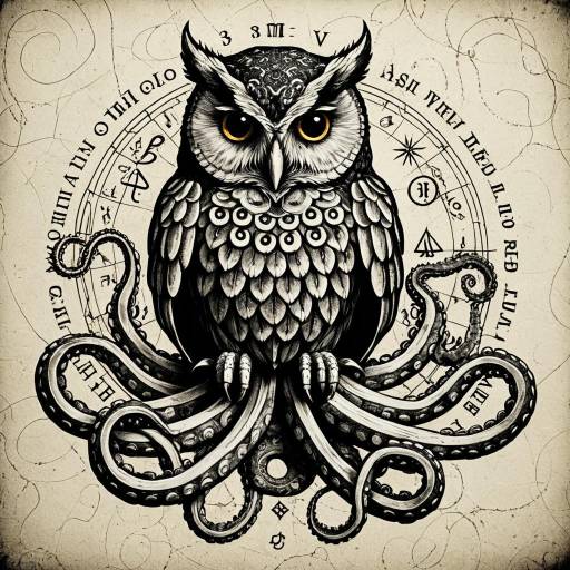 Owl-Octopus Hybrid Alchemy Illustration
