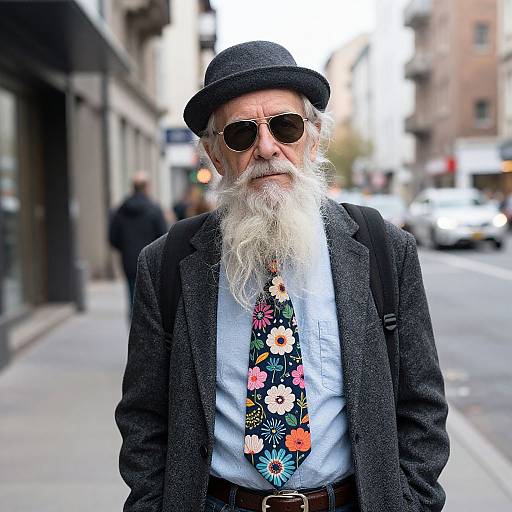 Photograph of an elderly man with a white beard and mustache, wearing a black hat, sunglasses, floral tie, and dark jacket, standing on