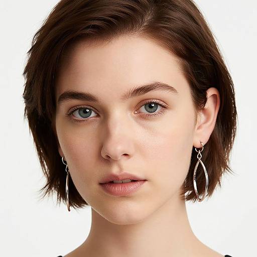 Photograph of a young woman with short brown hair, blue eyes, fair skin, wearing silver teardrop earrings, against a white background.