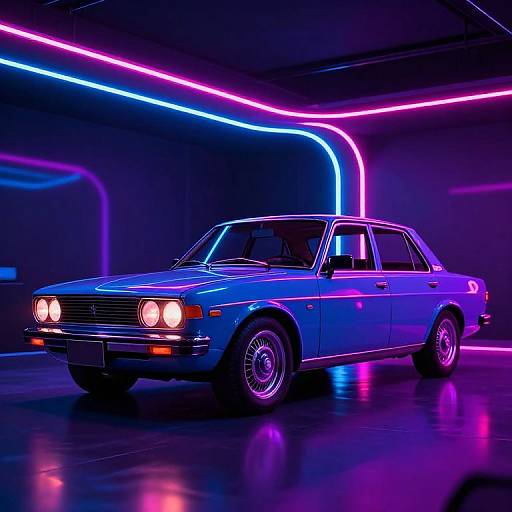 Photograph of a neon-lit blue vintage sedan with glowing headlights in a dark, futuristic room with vibrant pink and blue neon lines.