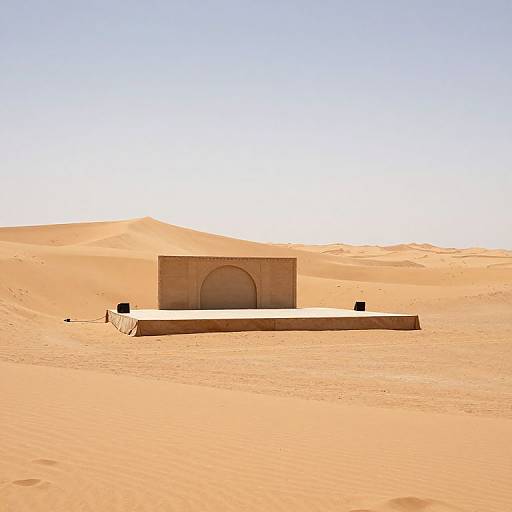 Photograph of a solitary, sand-colored stone archway with a flat roof, centered in a vast, sunlit desert with rolling dunes under a