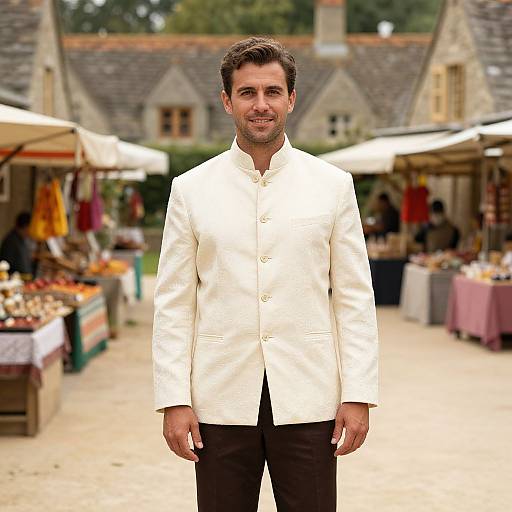 Photograph of a handsome man with short brown hair, wearing a white buttoned jacket and black pants, standing in a sunny outdoor market with blurred stalls