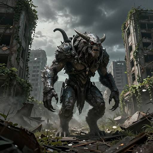 Digital artwork of a massive, horned, demonic creature with sharp claws and dark, scaly skin, standing in a ruined, overgrown cityscape