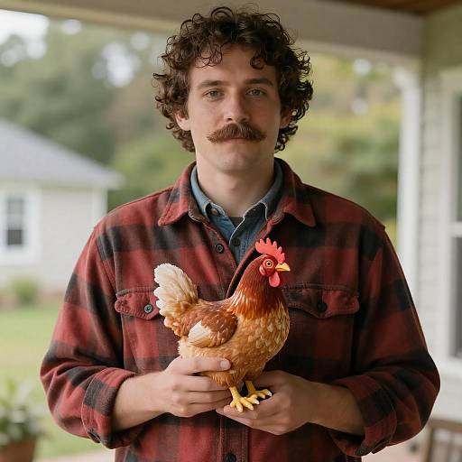 Quirky Man on Porch with Toy Chicken