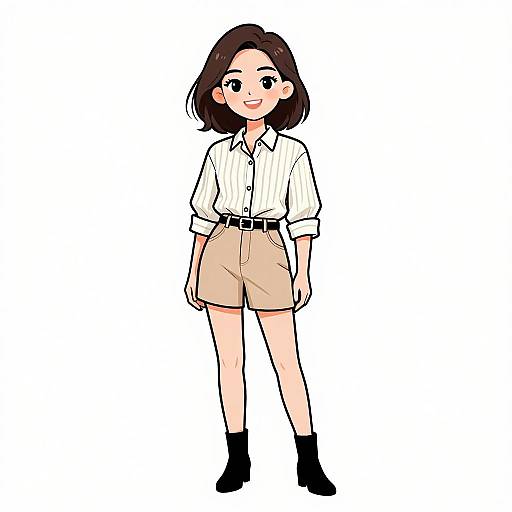 Digital drawing of a smiling young woman with short brown hair, wearing a white striped shirt, beige shorts, black belt, and black socks. White background