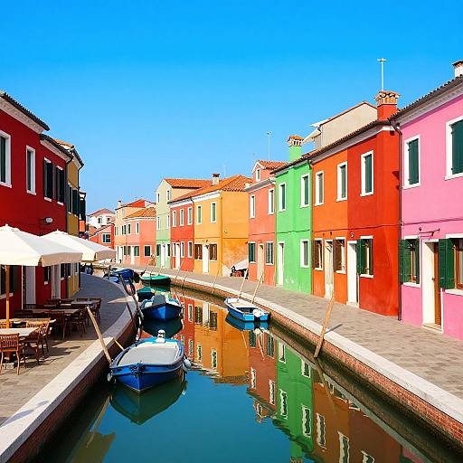 Bright photograph of colorful Venetian canal houses, vibrant red, orange, green, and pink, with boats docked, and outdoor café tables under