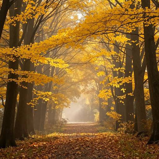 Sunlit Misty Autumn Forest Path