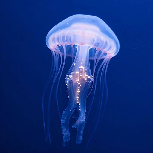 Photograph of a glowing blue jellyfish with translucent, umbrella-shaped bell and long, flowing tentacles against a dark blue ocean background.