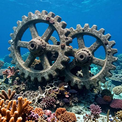 Photograph of underwater scene showing two large, rusted, gear-like metal structures amidst colorful coral reefs and marine life, set against a vibrant blue ocean
