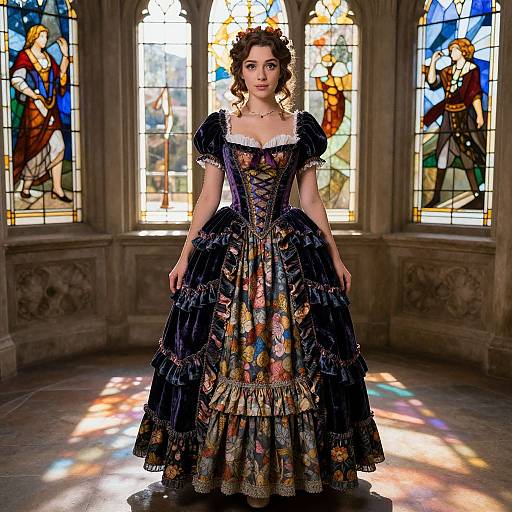 Photograph of a dark-haired woman in an elaborate, colorful Renaissance-style gown, standing in a sunlit stone room with vibrant stained glass windows in the